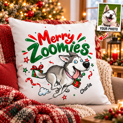 Merry Zoomies Quirky Dog Portrait From Your Custom Pet Photo - Personalized Pillow - Funny Christmas Gift For Dog Lover