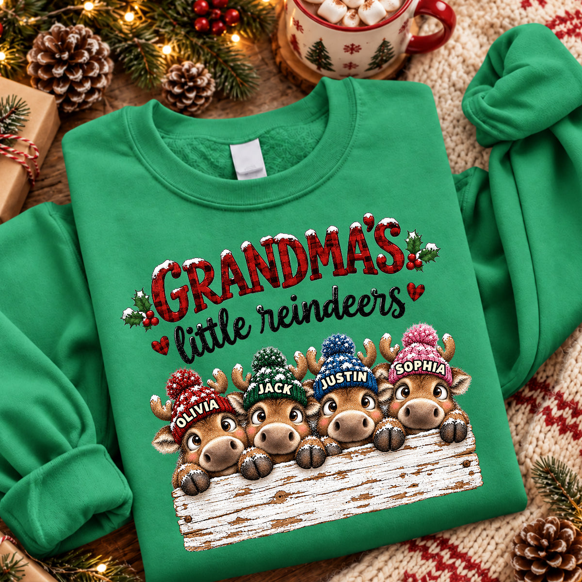 Grandma's Cute Peeking Reindeers - Personalized Shirt - Trendy Christmas Tee for Grandma, Thoughtful Christmas Gift for Mom, Wife