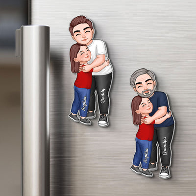 Dad Grandpa Embracing Kid - Personalized Acrylic Fridge Magnet - Heartfelt Father's Day Gift For Dad, Grandpa