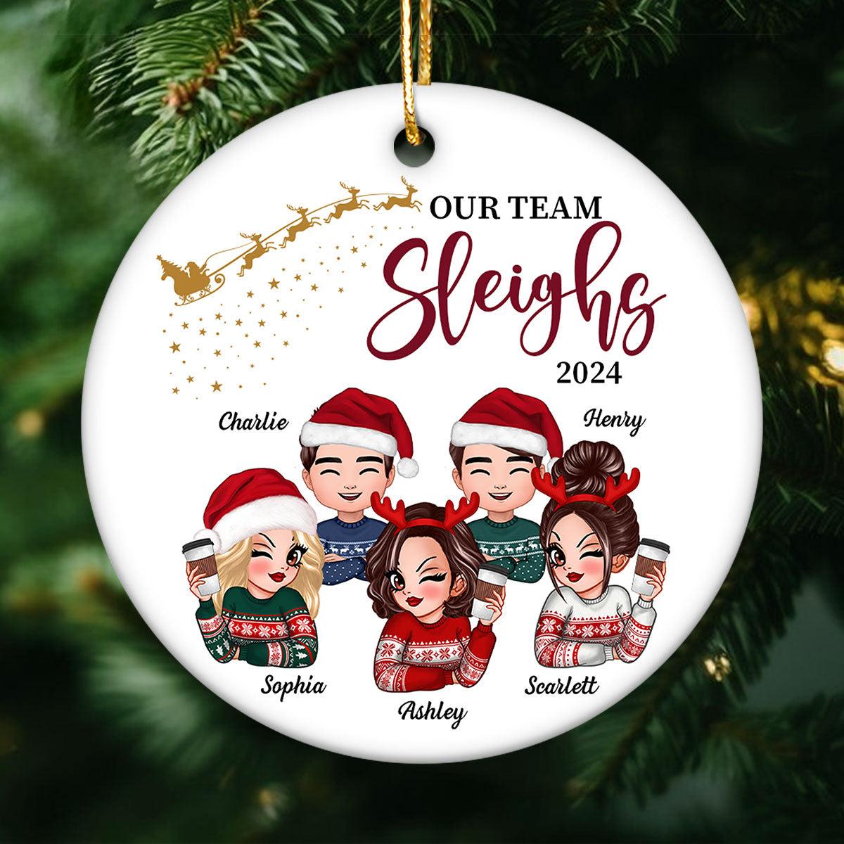 Our Team Sleighs Personalized Ceramic Ornament, Funny Christmas Gift For Colleagues, Coworkers, Boss
