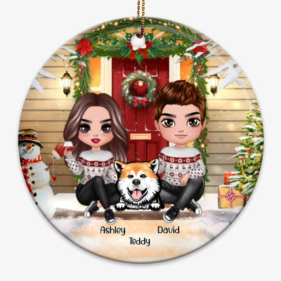 Couple And Dogs Christmas Front Porch Personalized Circle Ornament