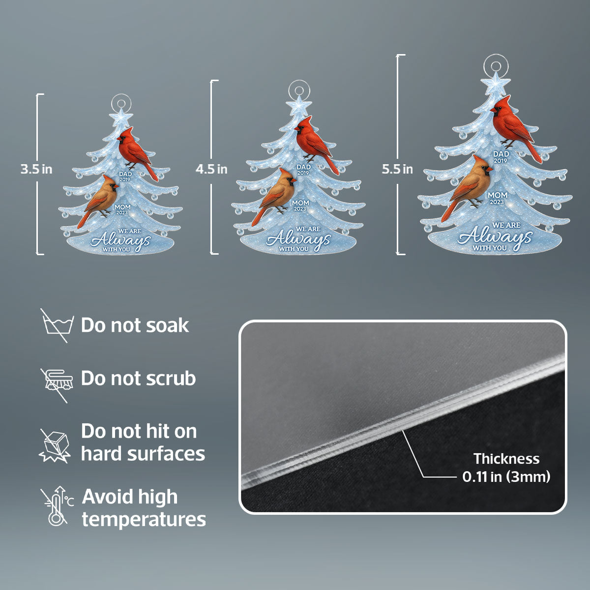 Crystal Christmas Tree Cardinals 3D Effect Personalized Acrylic Ornament, Heartwarming Memorial Sympathy Gift