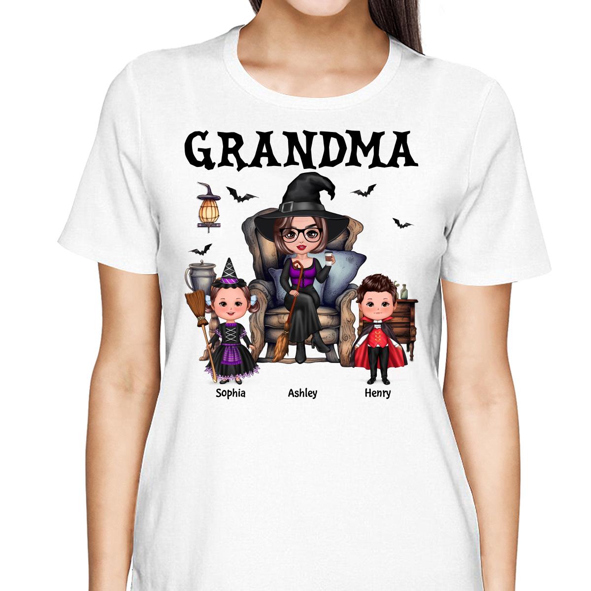 Halloween Grandma Witch Sitting On Chair Doll Kids Personalized Shirt