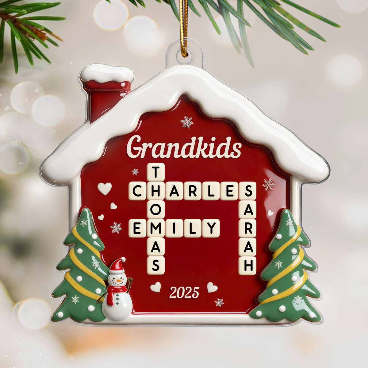 3D Effect Festive Christmas House Grandparents Grandkids Forever Linked Together Crossword Puzzle Art - Personalized Acrylic Ornament