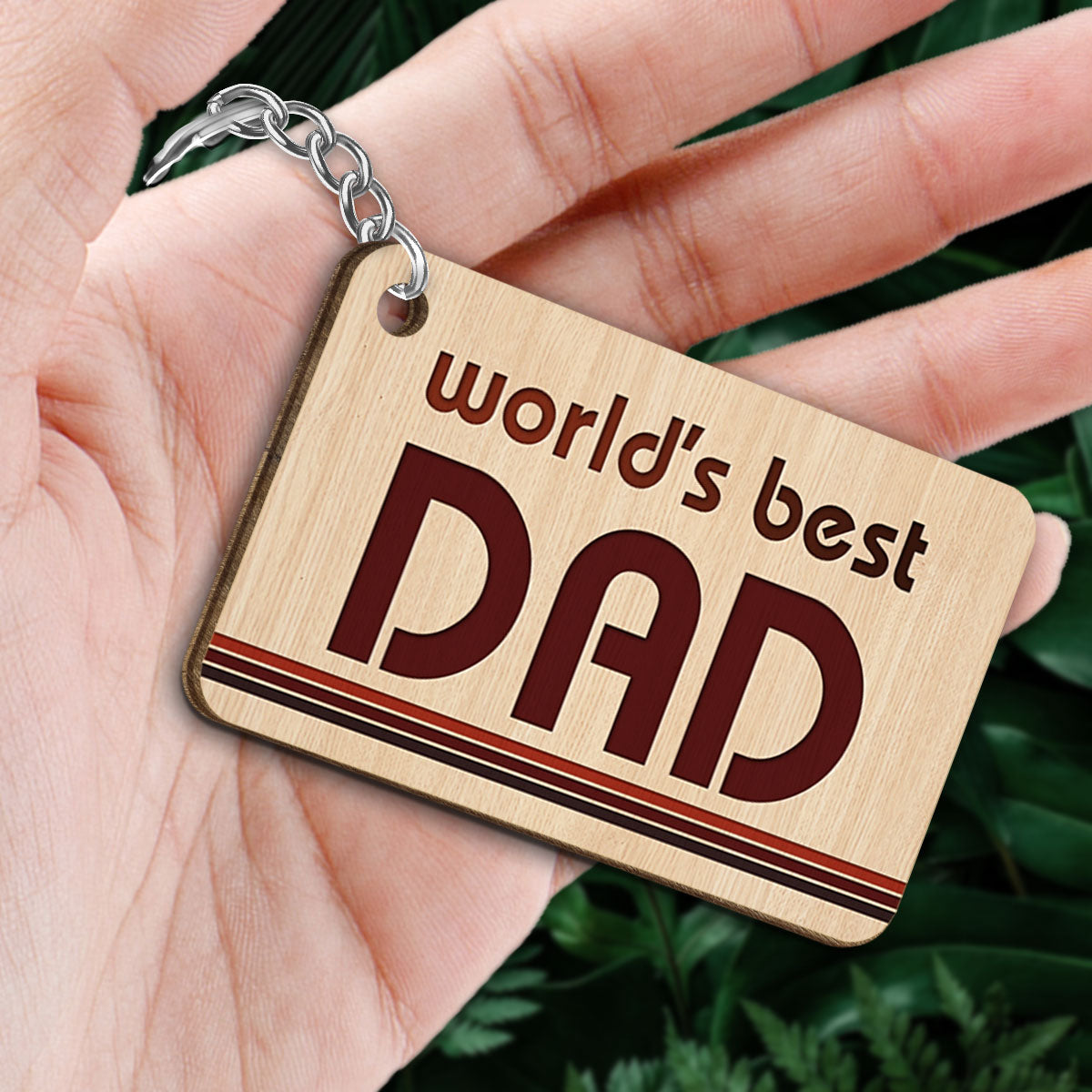 World‘s Best Dad Red Brown Black Line Dad And Kids Standing Front View Personalized Wooden Keychain