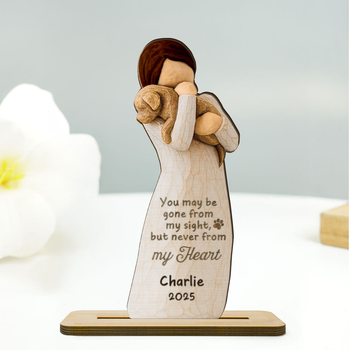 Until We Meet At Rainbow Bridge Woman & Dog 3D Effect Personalized Standing Wooden Plaque, Memorial Sympathy Gift