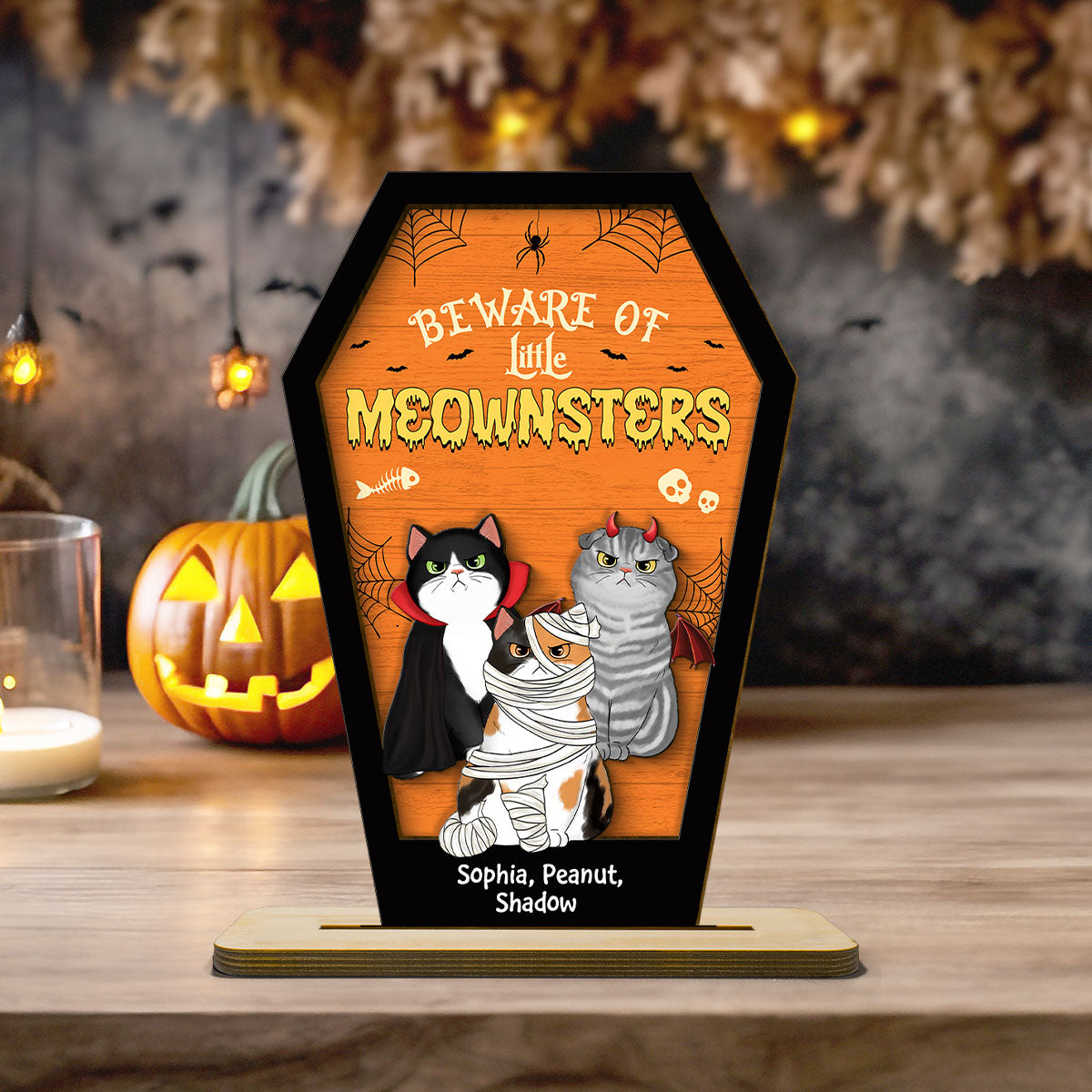 Beware Of Little Meownsters Coffin Shaped Personalized 2 Layer Standing Wooden Plaque, Halloween Tiered Tray Decor