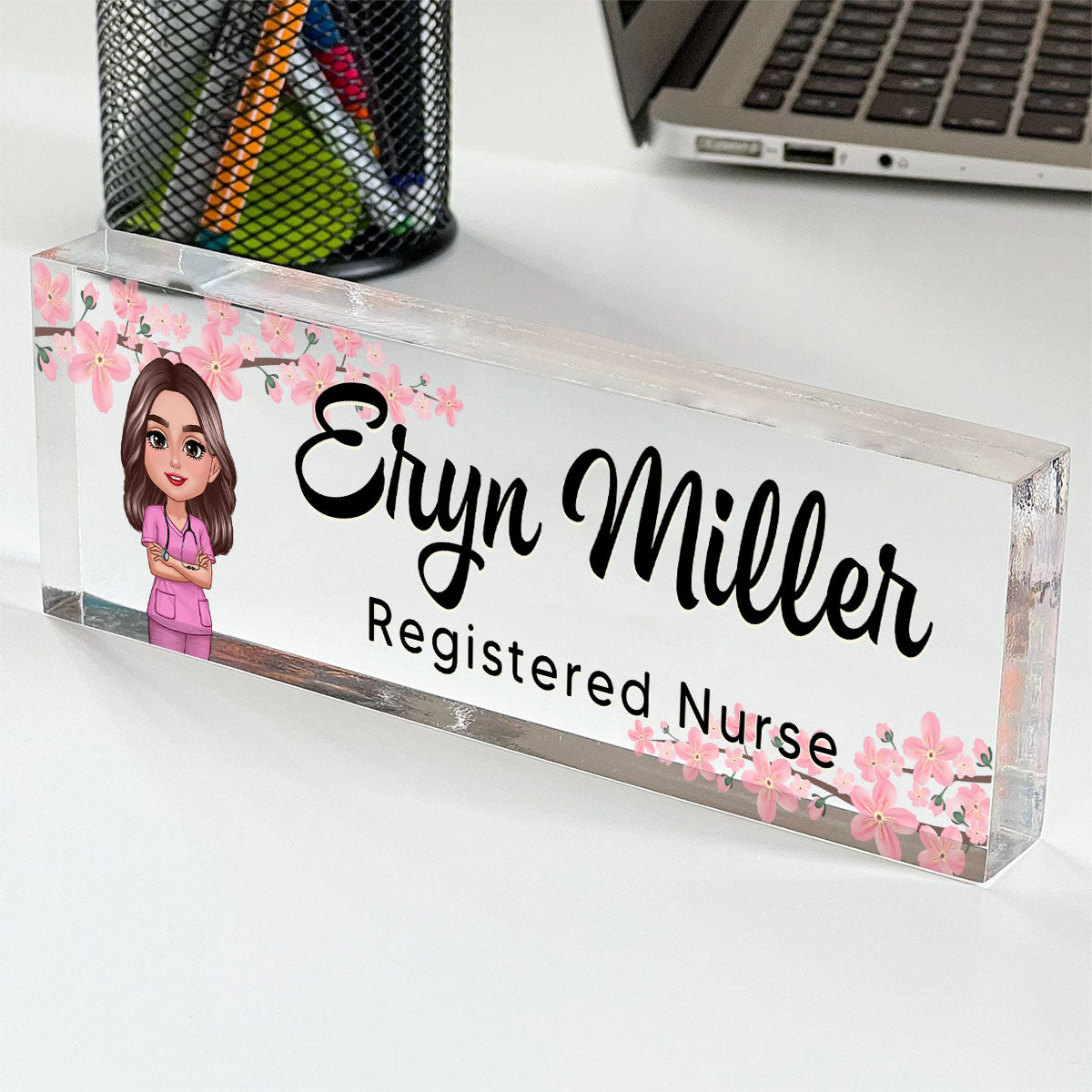 Nurse Flowers Personalized Acrylic Desk Name Plate, Gift For Nurses, Doctors, Healthcare Workers