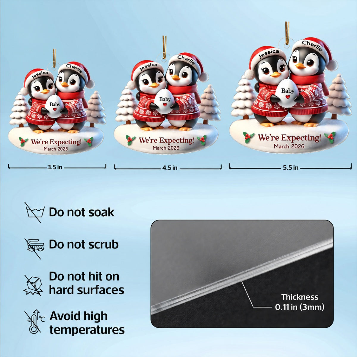 3D Effect Cute Penguin Couple Expecting Parents Pregnancy Announcement Keepsake Personalized Acrylic Ornament