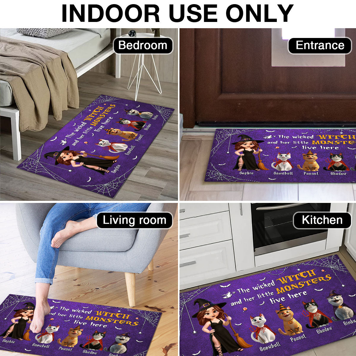 Halloween Wicked Witch & Little Monsters Cartoon Cats Personalized Doormat, Halloween Decor For Cat Lovers