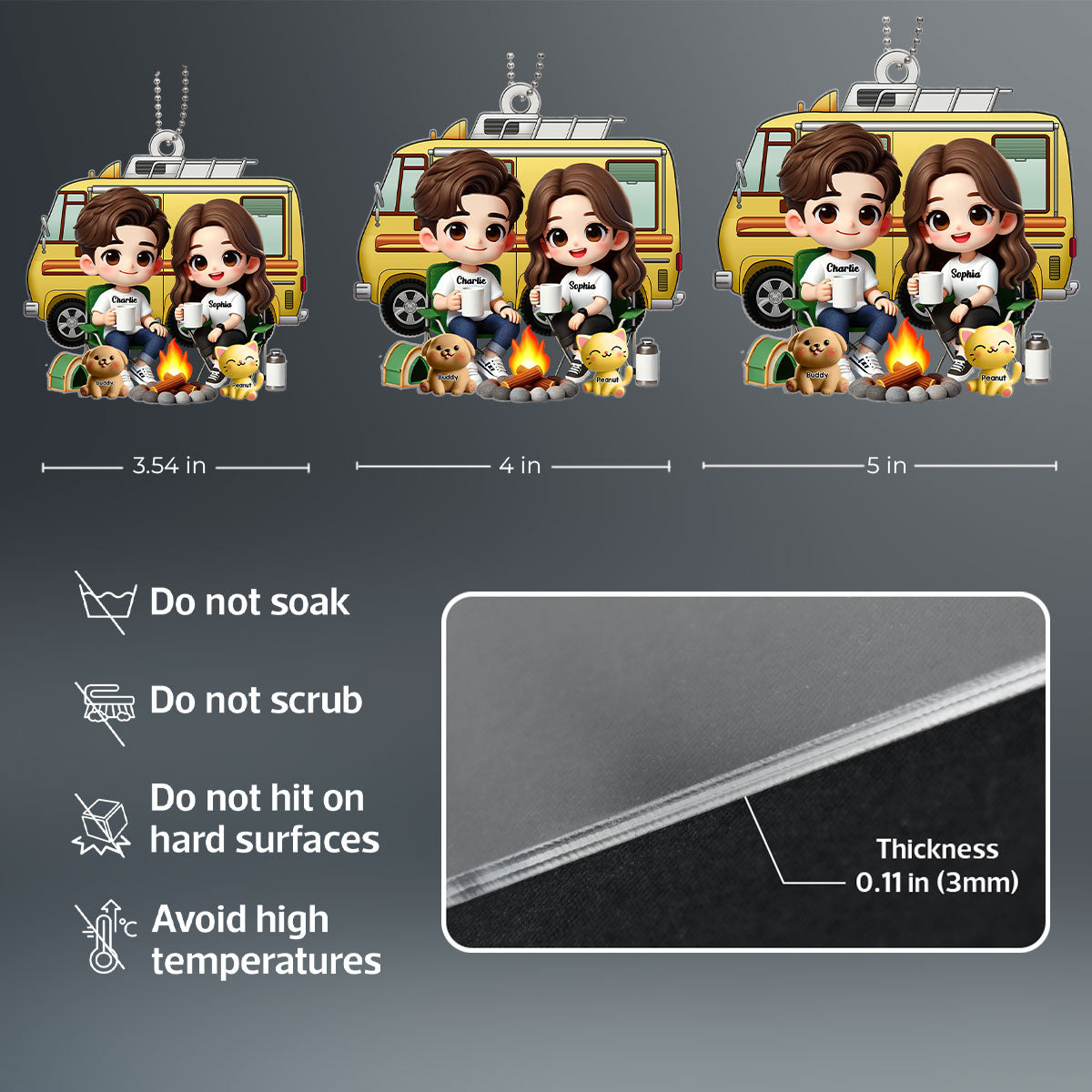 3D Effect Cute Cartoon Camping Couple And Dogs Cats Personalized Acrylic Car Hanger, Rear View Mirror, Valentine's Day, Anniversary, Birthday Gift for him, for her