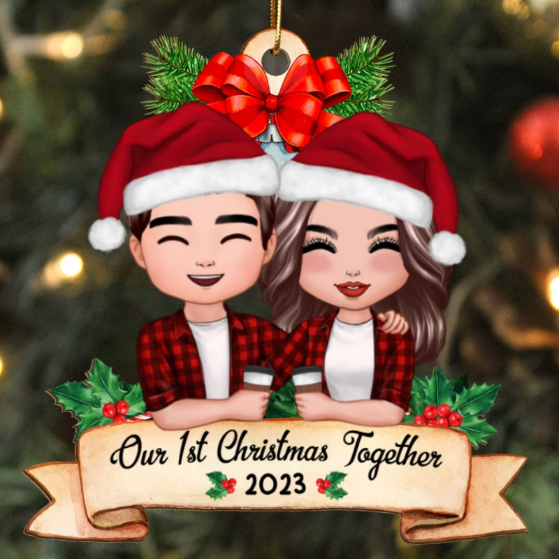 Our First Christmas Couple Holding Drink Personalized Wooden Ornament