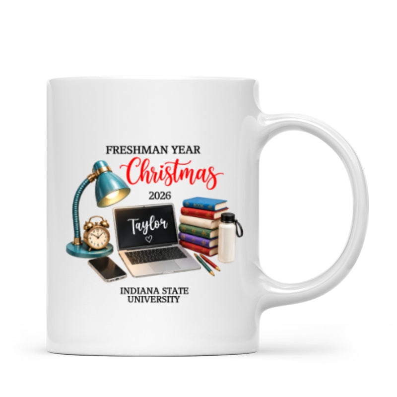 Freshman Year Christmas Study Desk – Personalized Mug – College Student Christmas Gift, First Year Keepsake