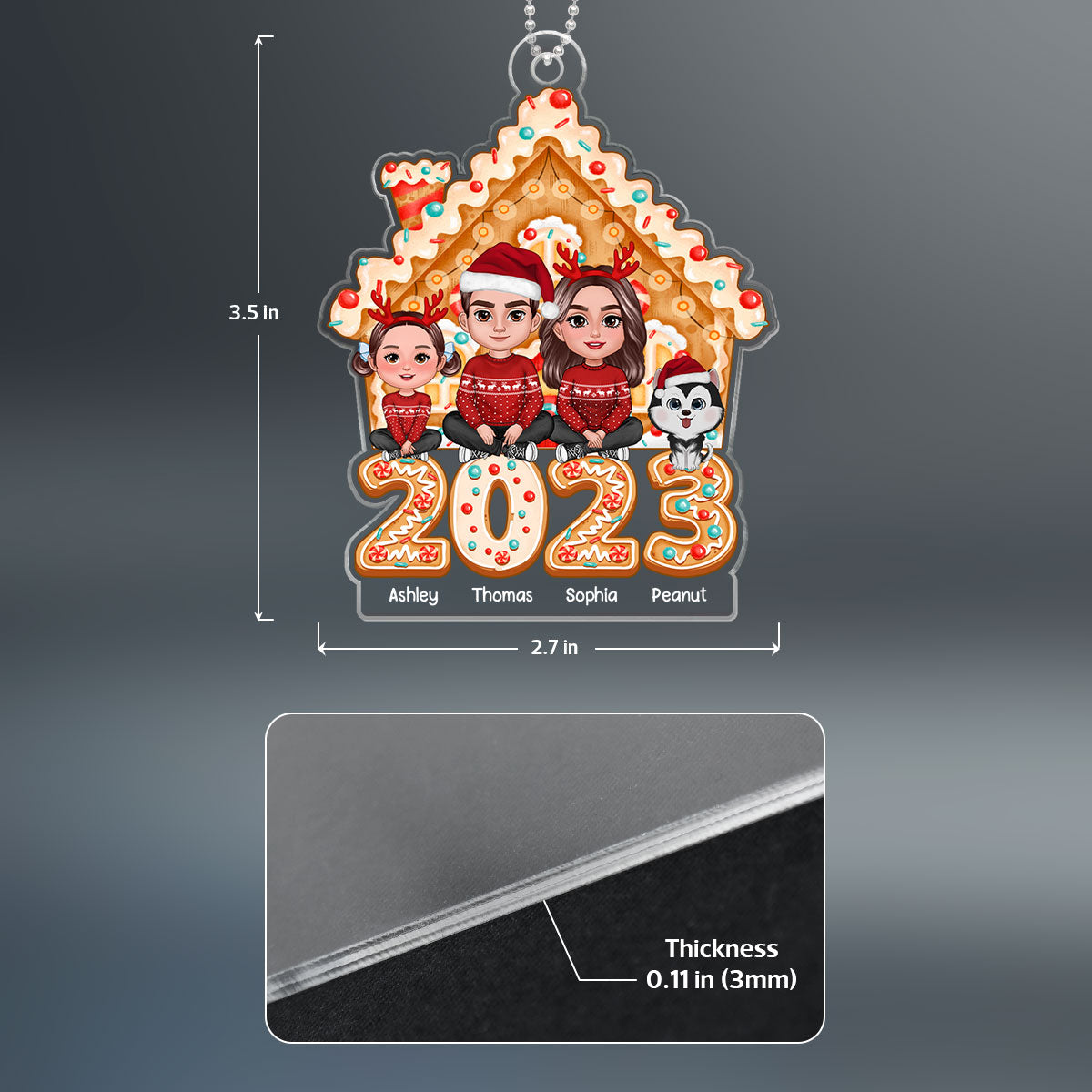 Family Sitting Crossed Legs Gingerbread House 2023 Personalized Acrylic Ornament