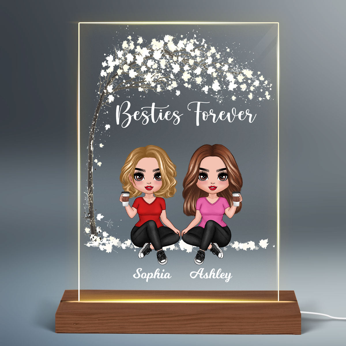 Doll Besties Sisters Sitting Under Tree Personalized Rectangle Acrylic Plaque LED Lamp Night Light
