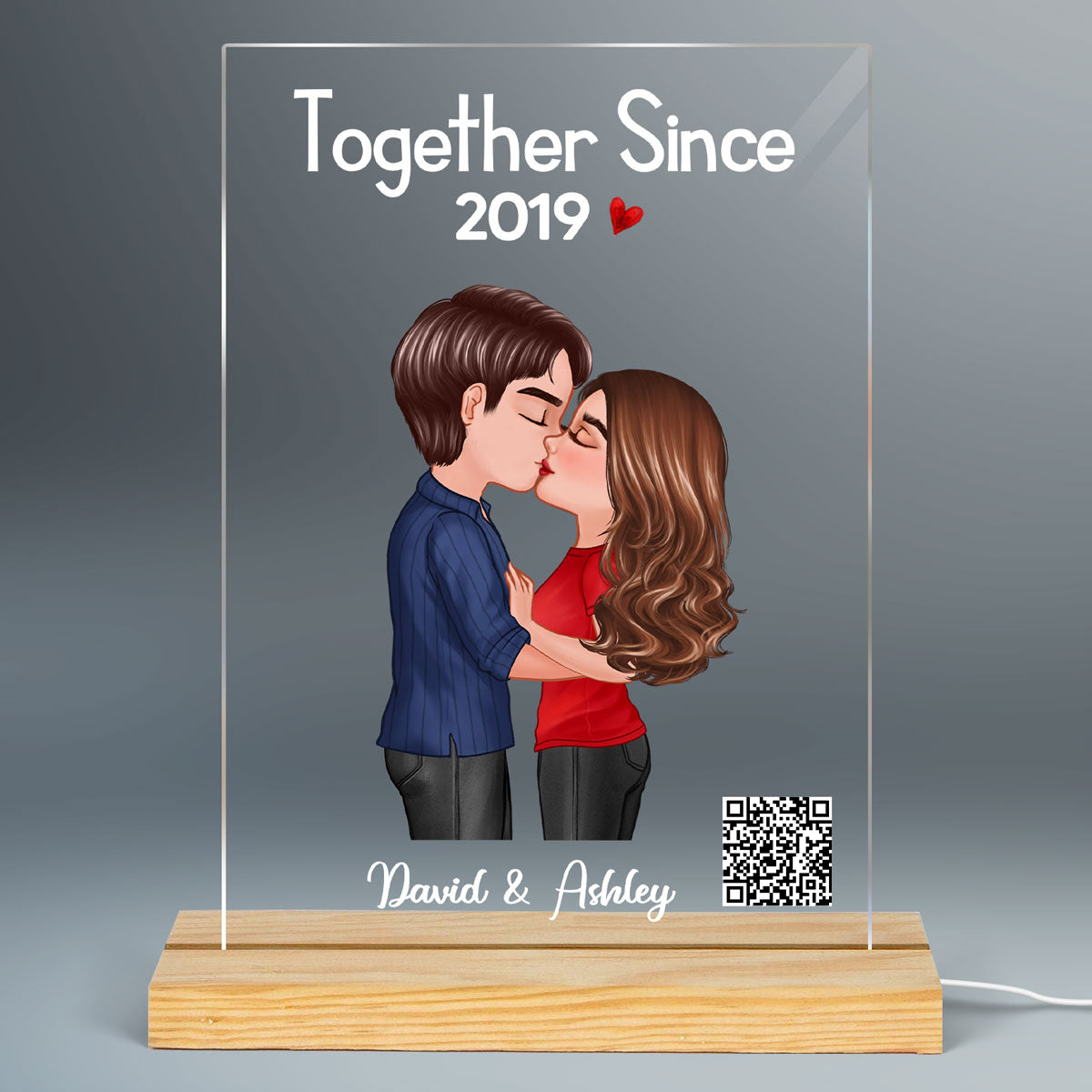 Doll Couple Kissing Together Since Favorite Song Scannable QR Code Gift For Him For Her Personalized Rectangle Acrylic Plaque LED Night Light