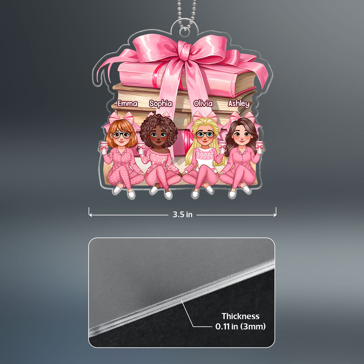 Coquette Stack of Book Besties Sitting Personalized Acrylic Ornament, Gift for Book Lovers