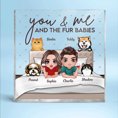 Couple And Fur Babies On Bed Personalized Acrylic Block Plaque