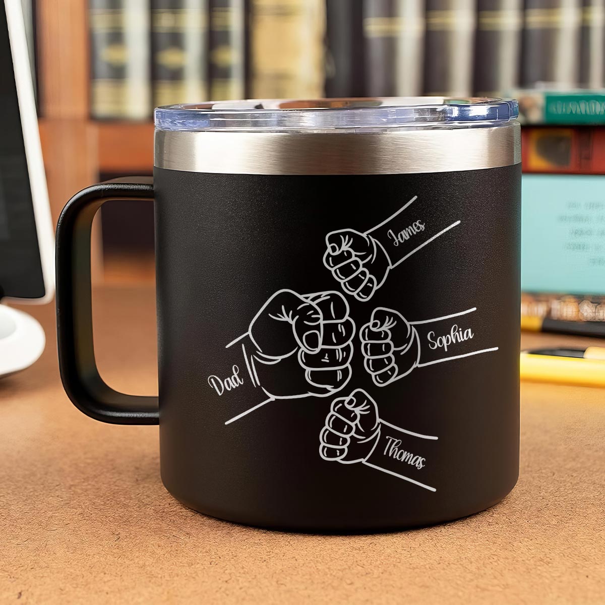 Dad & Kids Fist Bumps Outline Personalized Stainless Steel Tumbler With Handle, Father's Day Gift