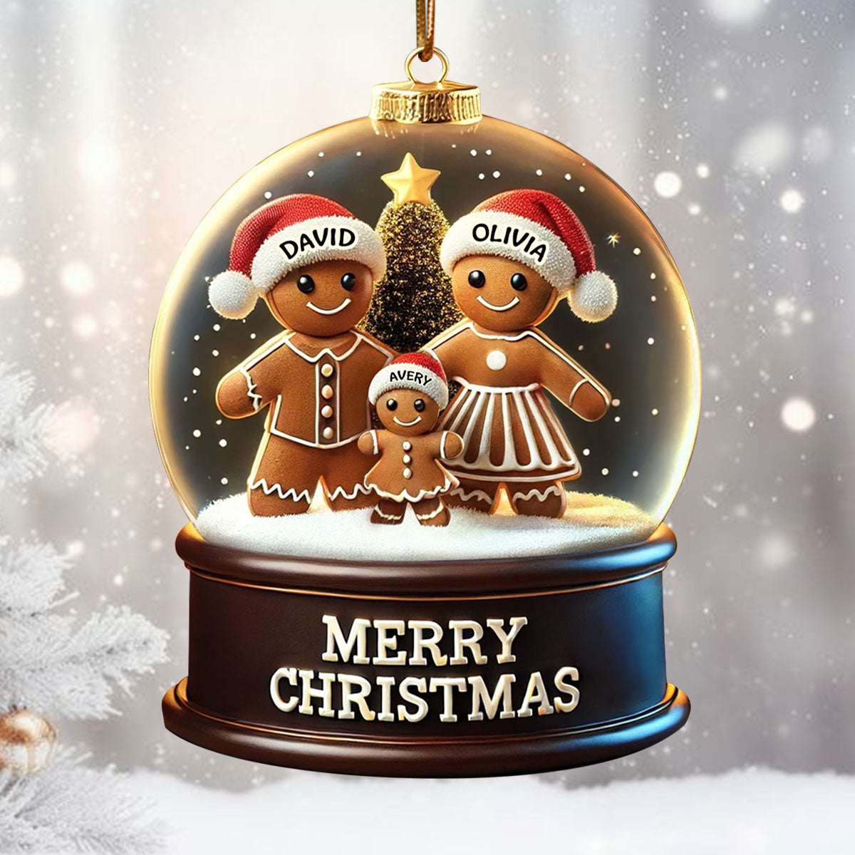 Gingerbread Family In Snow Globe 3D Effect Personalized Acrylic Ornament