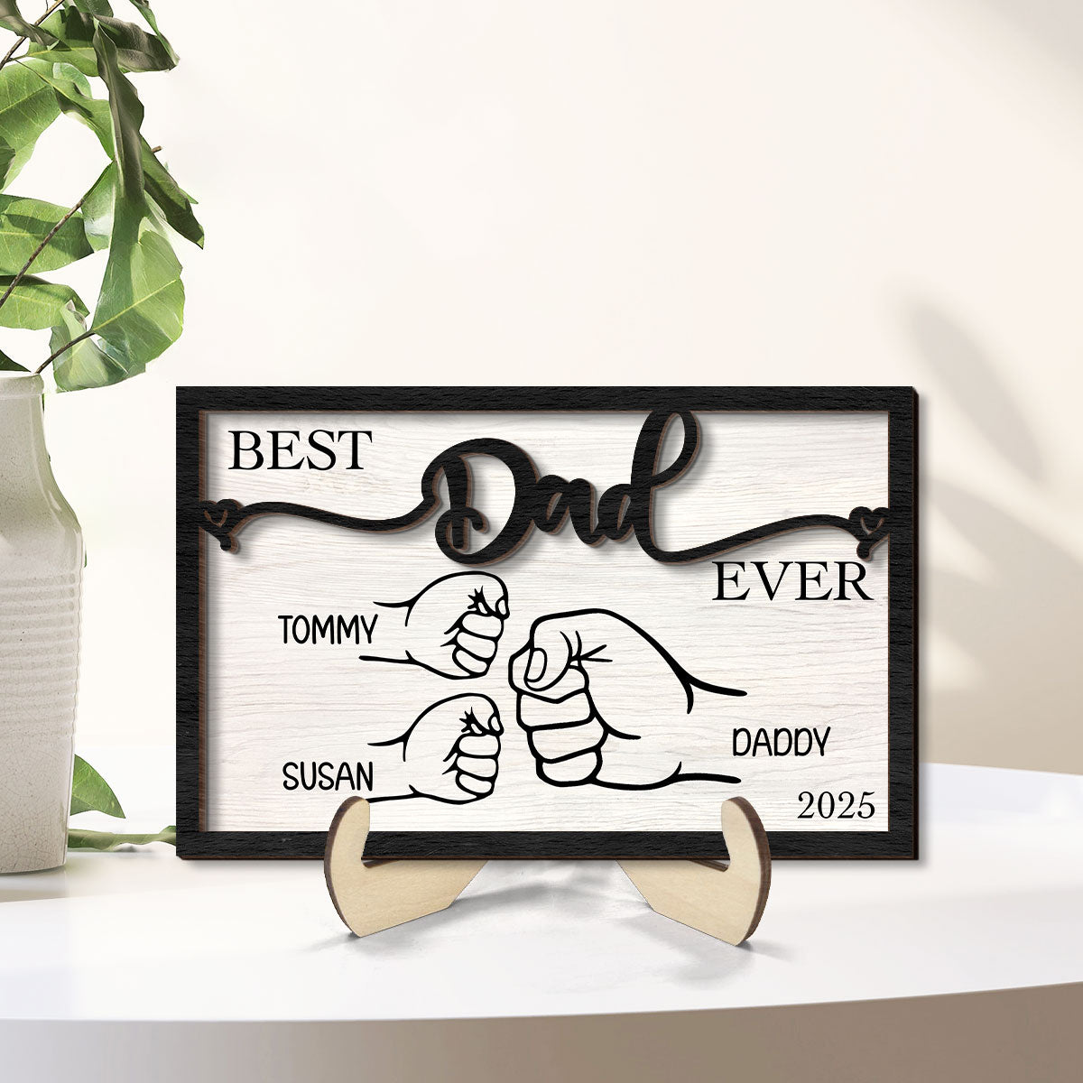 Personalized Father's Day Gift, Fist Bump Dad and Kids 2-Layer Wooden Plaque