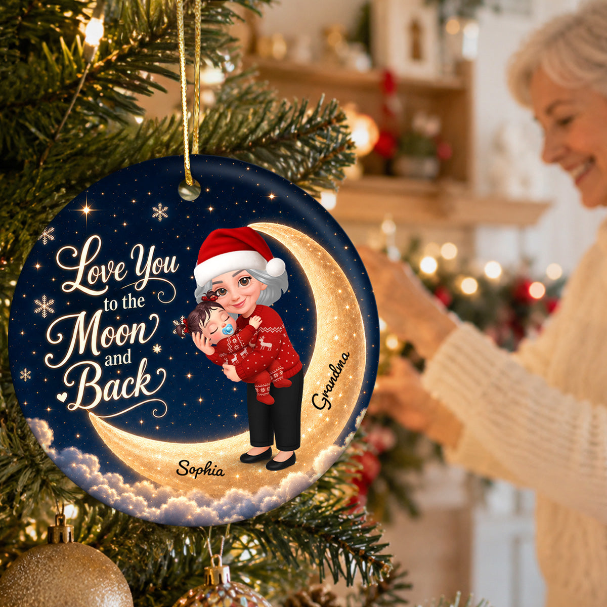 Love You To The Moon And Back Glowing Moon Night - Personalized Circle Ceramic - Christmas Gift For Grandchildren