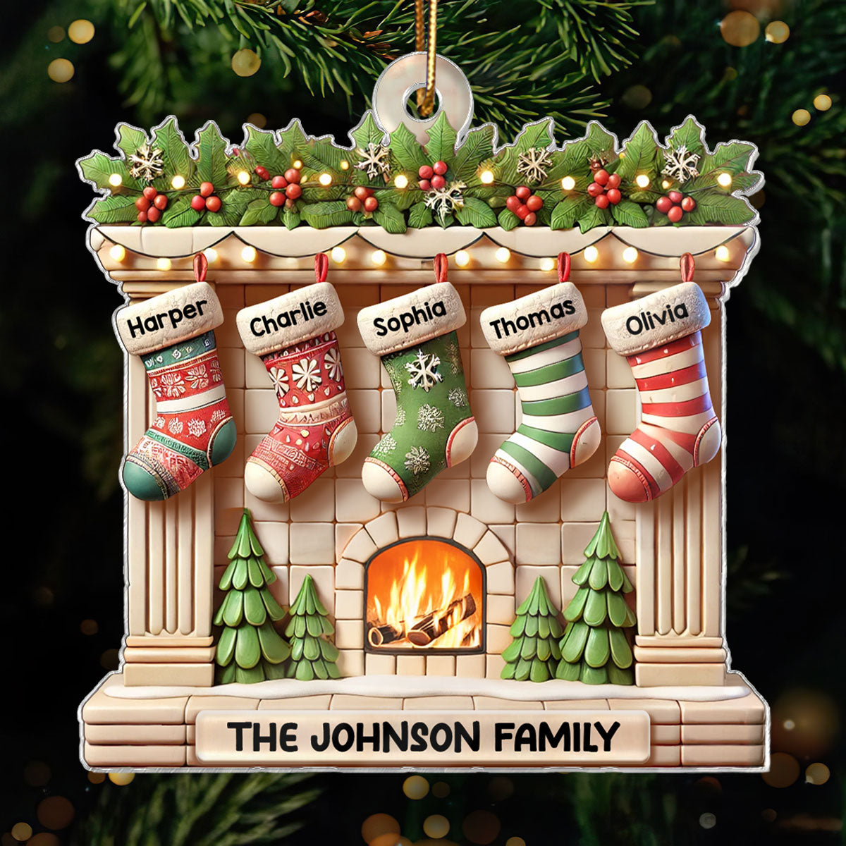 Realistic Family Christmas Stockings On Mantel 3D Effect Personalized Acrylic Ornament