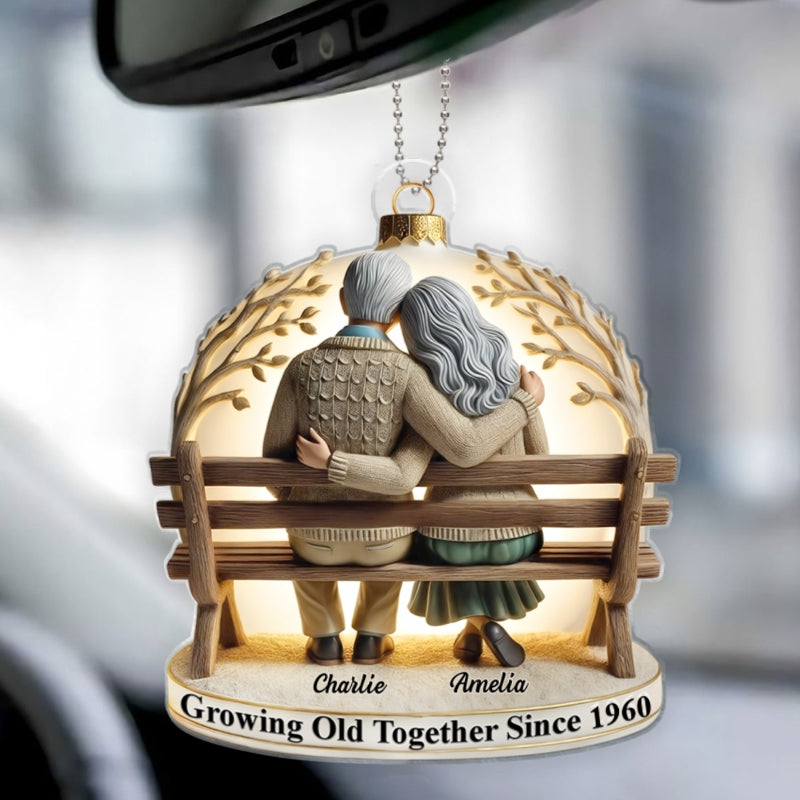 3D Effect Old Couple Sitting On Bench Together Personalized Car Hanger Ornament, Heartfelt Gift For Couple, For Him, For Her, Husband, Wife