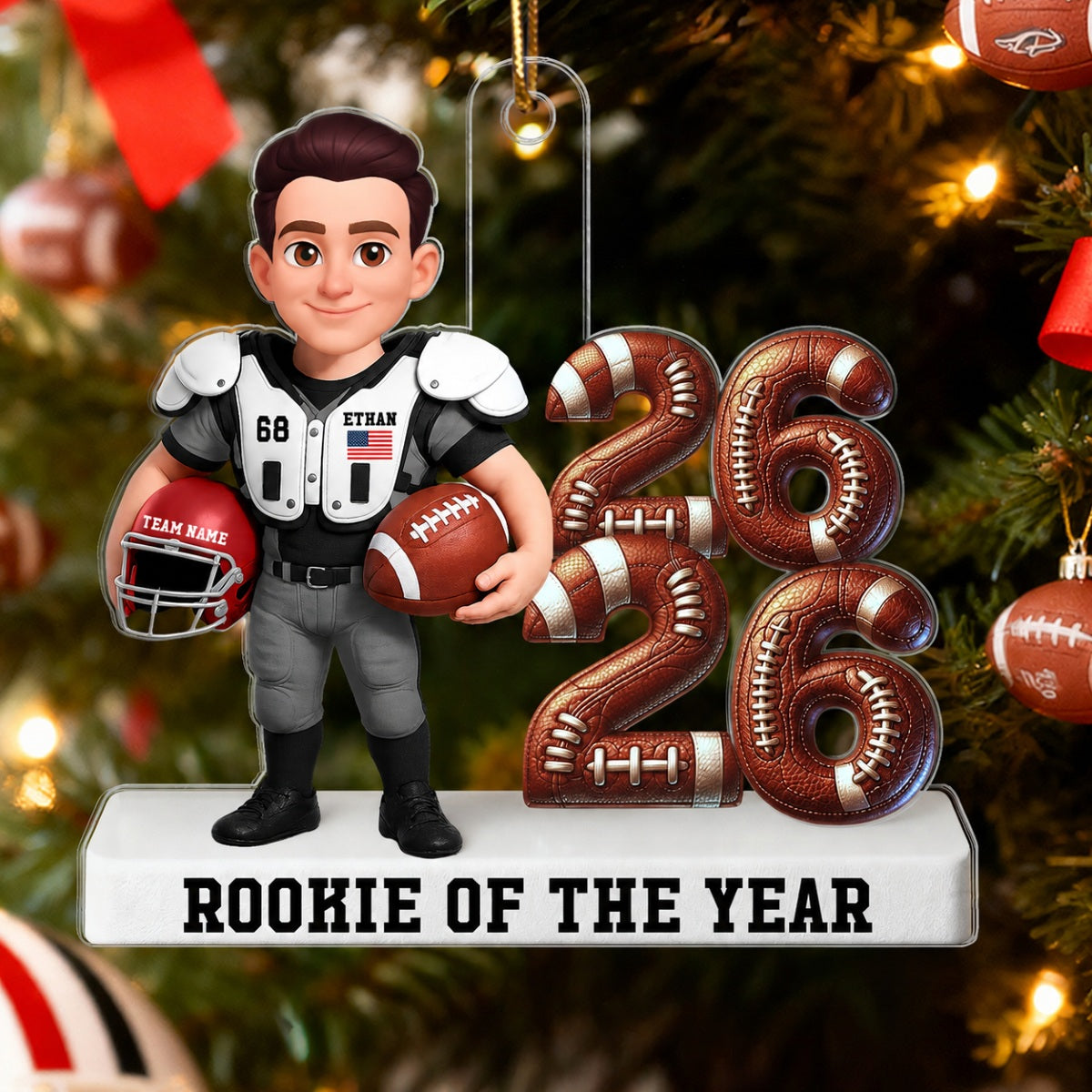 Proud American Football Player Standing By Year 3D Effect - Personalized Acrylic Ornament