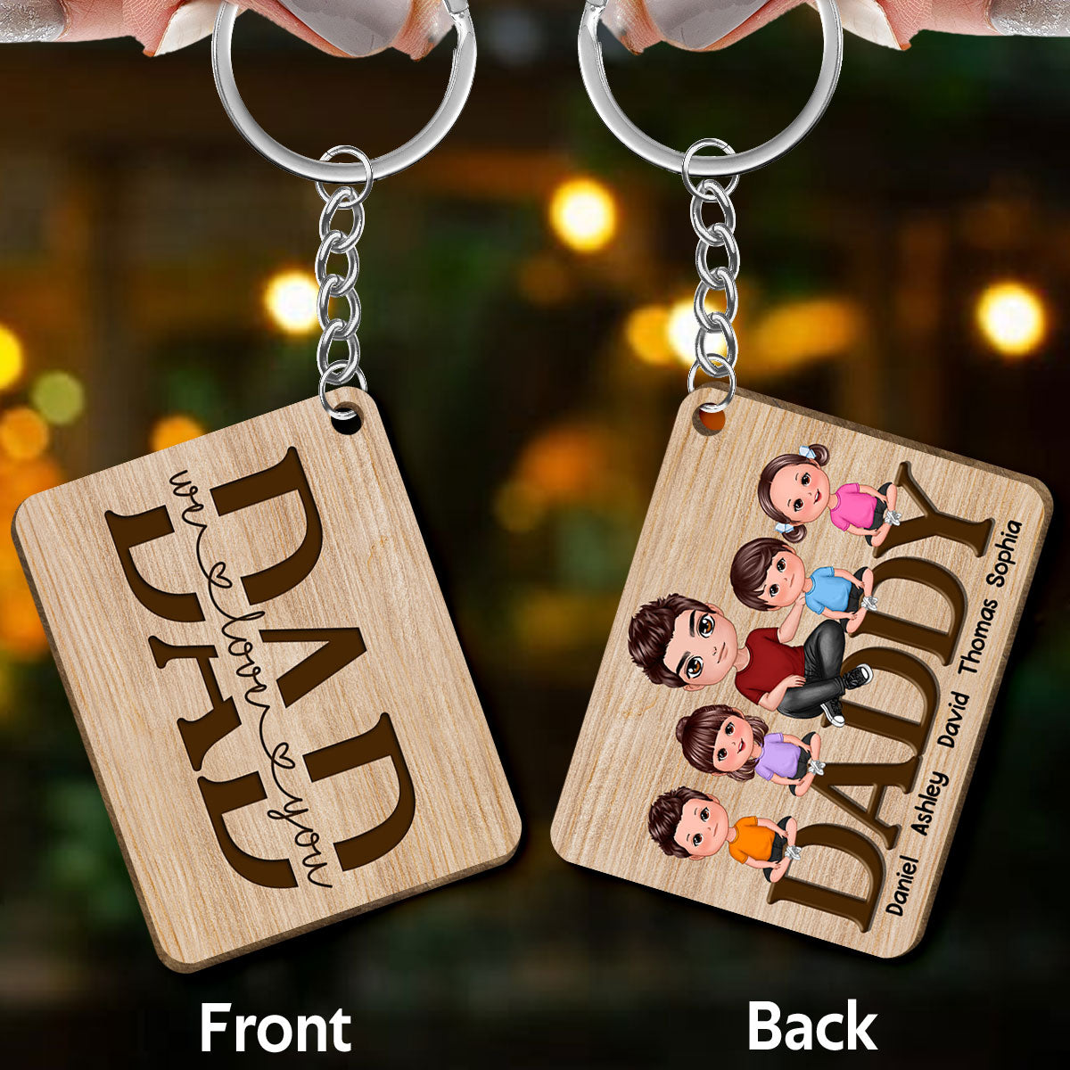 Best Dad Ever Doll Man Kids Dog Cat Sitting On Word Personalized Wooden Keychain