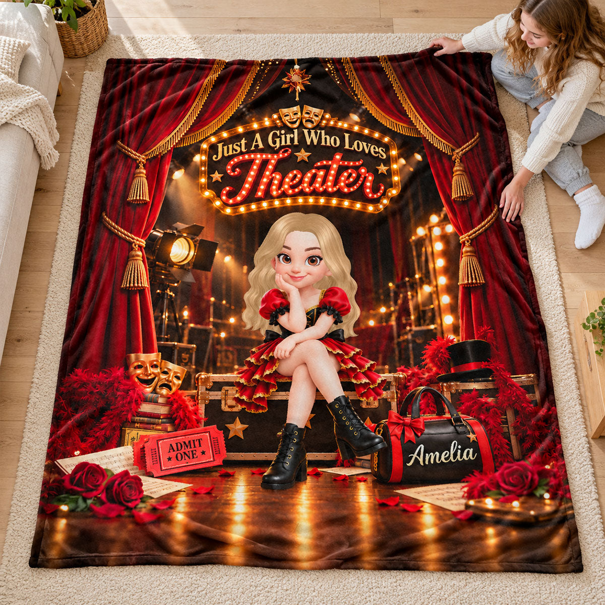 Just a Girl Who Loves Theater - Personalized Fleece Blanket - Christmas Gift for Daughter, Granddaughter