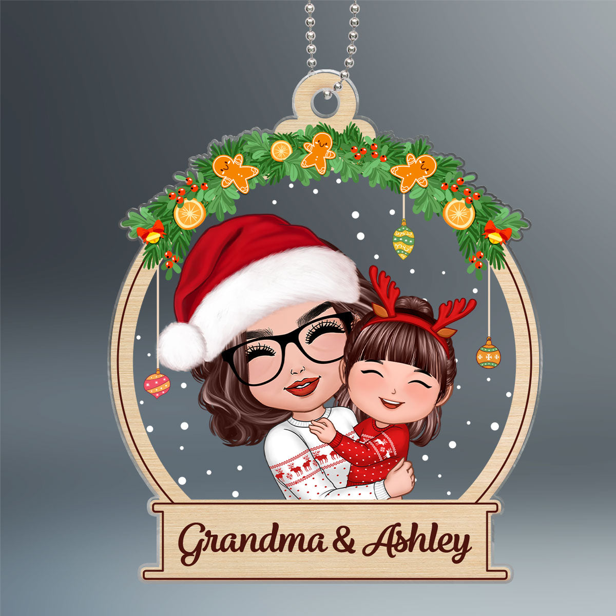 Christmas Doll Grandma Hugging Grandkid In Snow Globe Gift For Granddaughter Grandson Personalized Acrylic Ornament