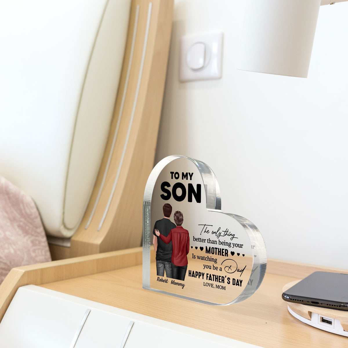 From Mom To Son Happy Father's Day Personalized Heart Acrylic Block Plaque, Heartfelt Father's Day Gift For Son