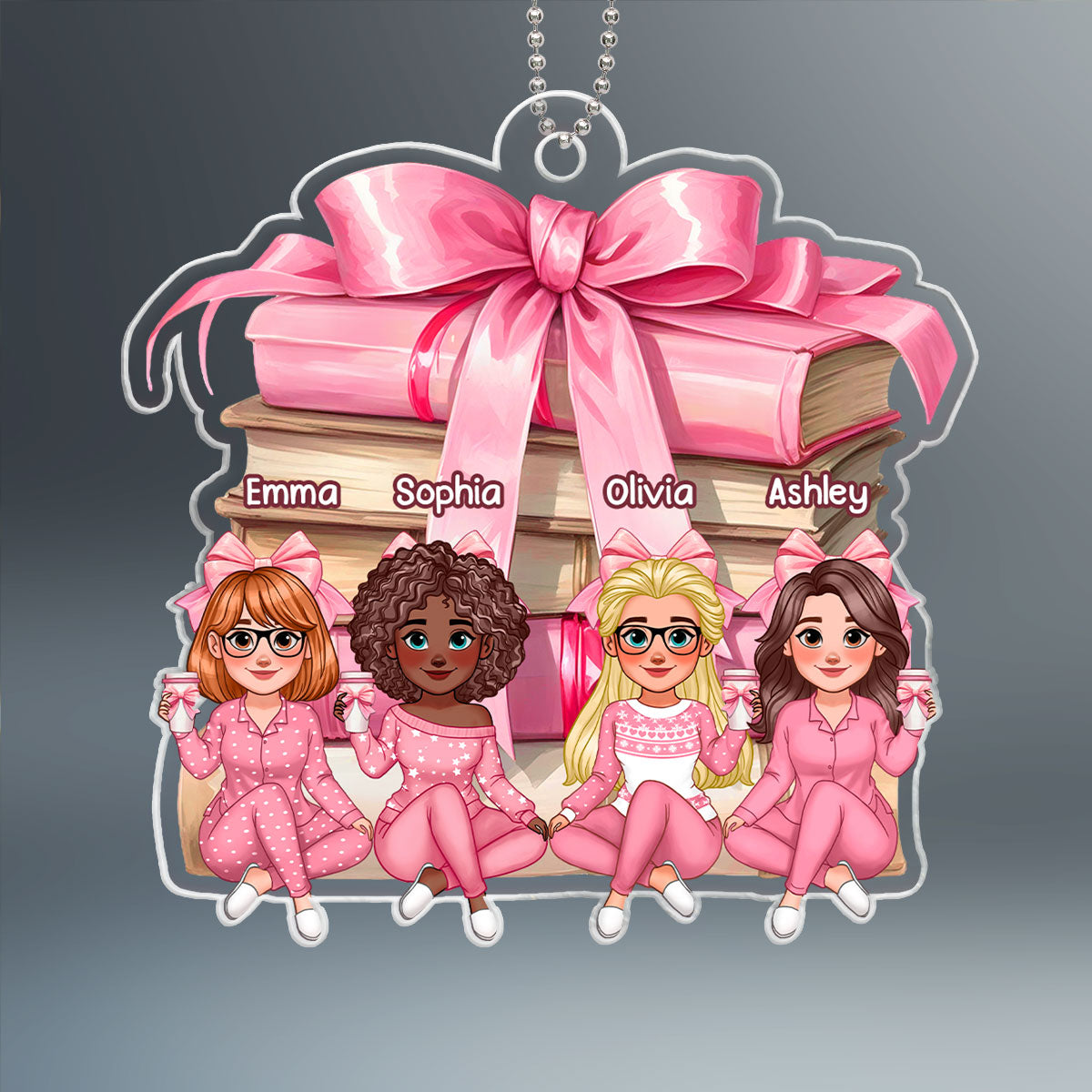Coquette Stack of Book Besties Sitting Personalized Acrylic Ornament, Gift for Book Lovers