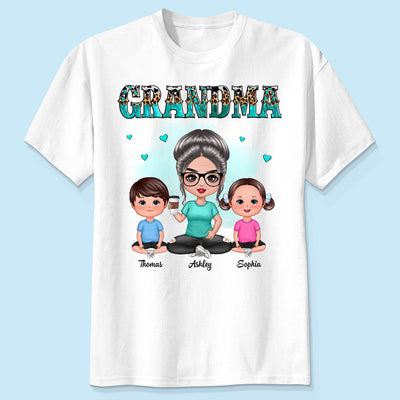 Teal And Leopard Doll Grandma And Grandkids Sitting Personalized Shirt