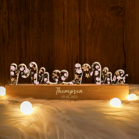 Mr & Mrs Wedding Anniversary  Gift for her & for him, Custom Flower Printed LED Night Light