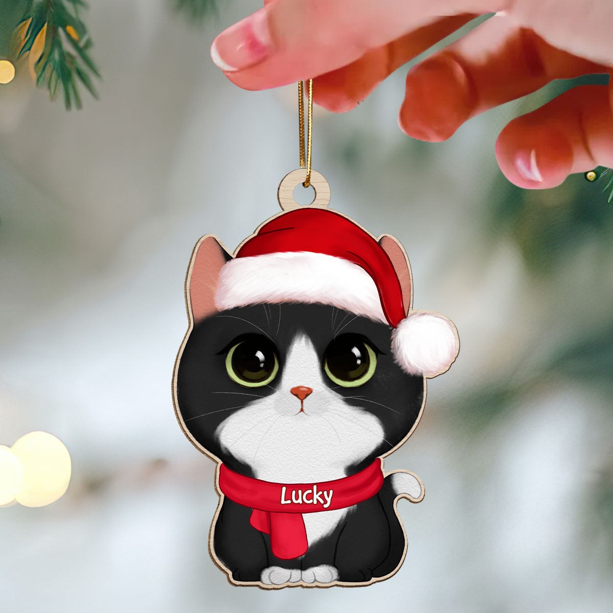 Watercolor Cute Cats Christmas Hat Personalized Wooden Ornament