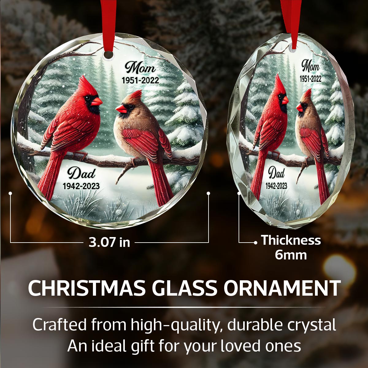 Winter Scene Memorial Cardinal Sympathy Gift Remembrance Keepsake Personalized Glass Ornament