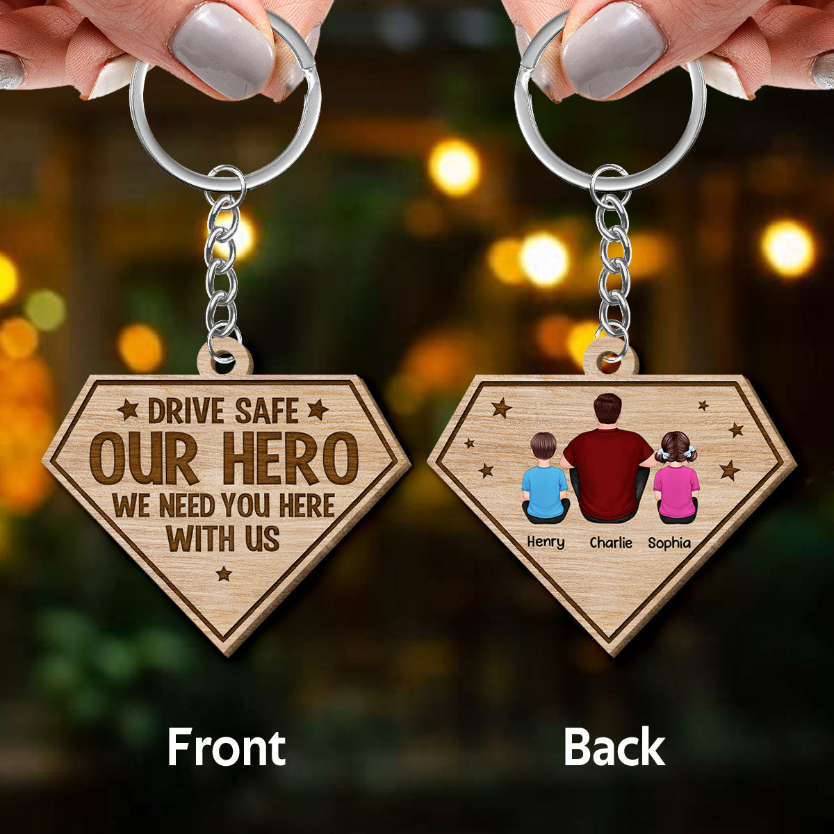 You‘re Our Superhero Back View Sitting Man Kids Dog Cat Personalized Wooden Keychain