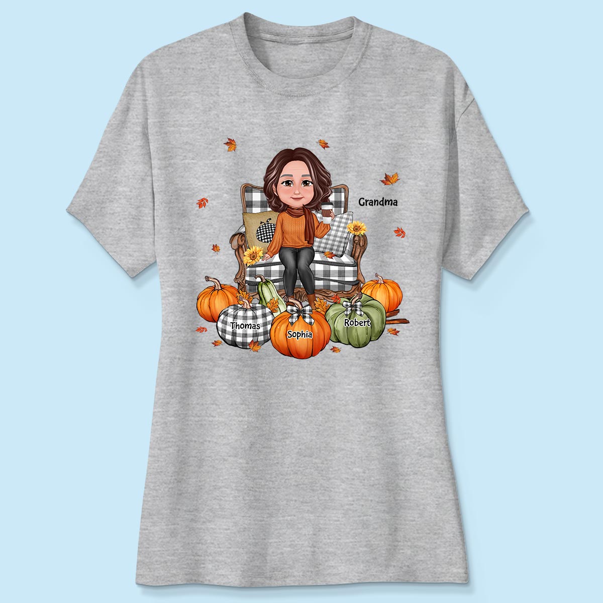 Grandma Sitting On Chair Pumpkins Personalized Shirt