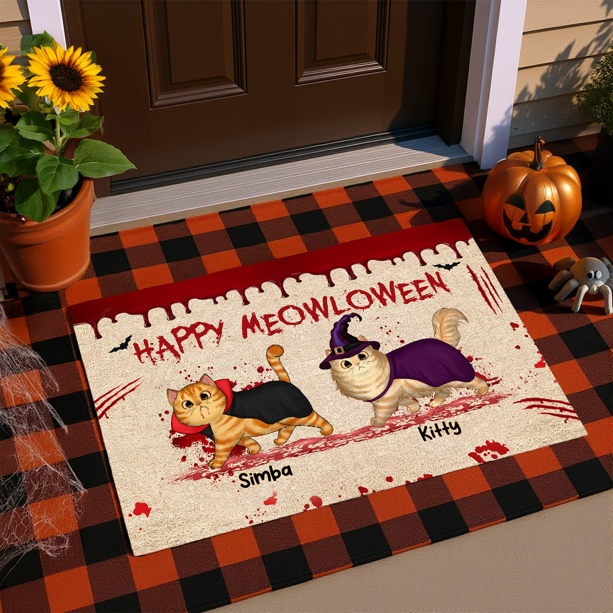 Happy Meowloween Spooky Walking Cat - Personalized Doormat