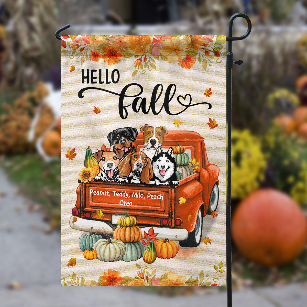 Hello Fall Dogs And Cats On Truck - Personalized Garden Flag