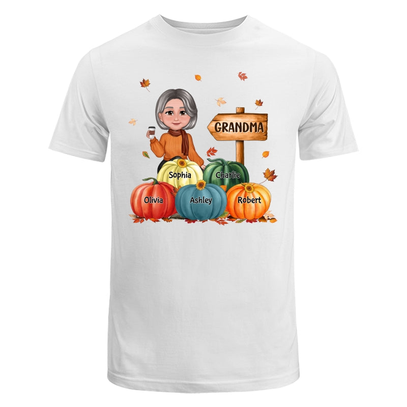 Grandma Mom Sitting In Pumpkin Patch Personalized Shirt