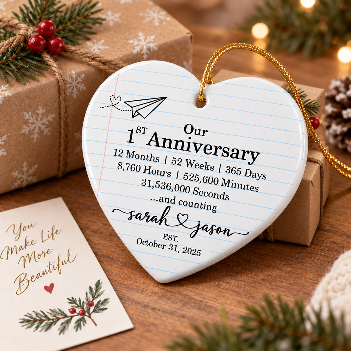 Our 1st Anniversary - Personalized Ceramic Ornament - Paper Traditional Gift for Her, Gift for Him, Christmas Keepsake