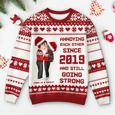 Christmas Hugging Kissing Couple Personalized Faux Knitting Ugly Sweater, Gift For Him, For Her