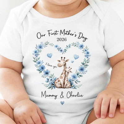 Our First Mother's Day Giraffe Mom And Baby - Personalised Onesie - First Mother's Day Baby Gift