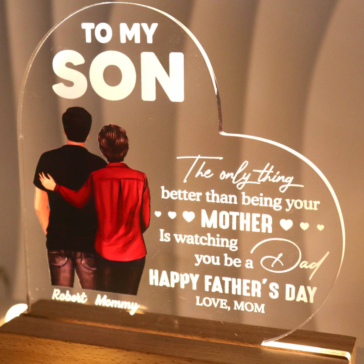 From Mom To Son Happy Father's Day Personalized Heart Acrylic Warm LED Night Light, Heartfelt Gift For Son