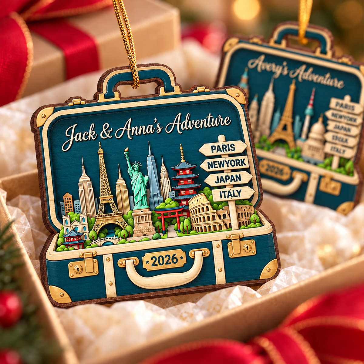 Custom Travel Adventure Suitcase 2D Flat Printed - Personalized Wooden Ornament - Traveling Destination Keepsake, Christmas Gift For Traveling Lovers