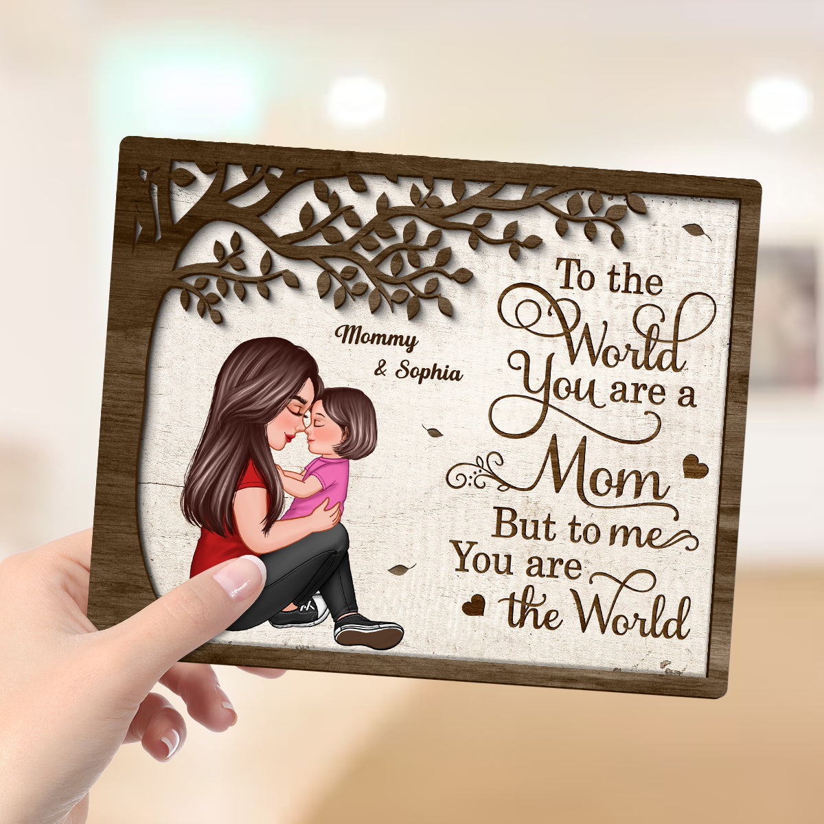 Grandma Mom Kid Sitting Under Tree Personalized 2-layer Wooden Plaque