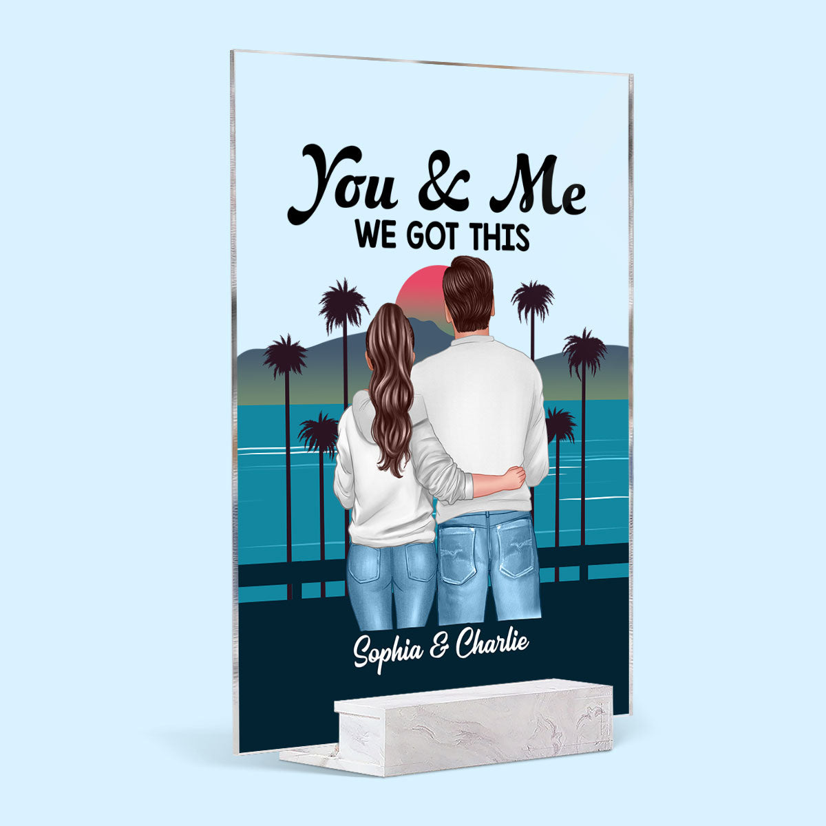 Retro Back View Couple Standing Hugging Personalized Acrylic Plaque